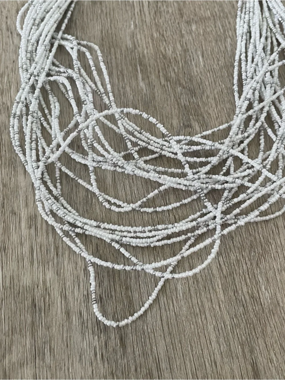 White & Silver Seed Bead Multi-Strand Statement Necklace – Layered Bib Style